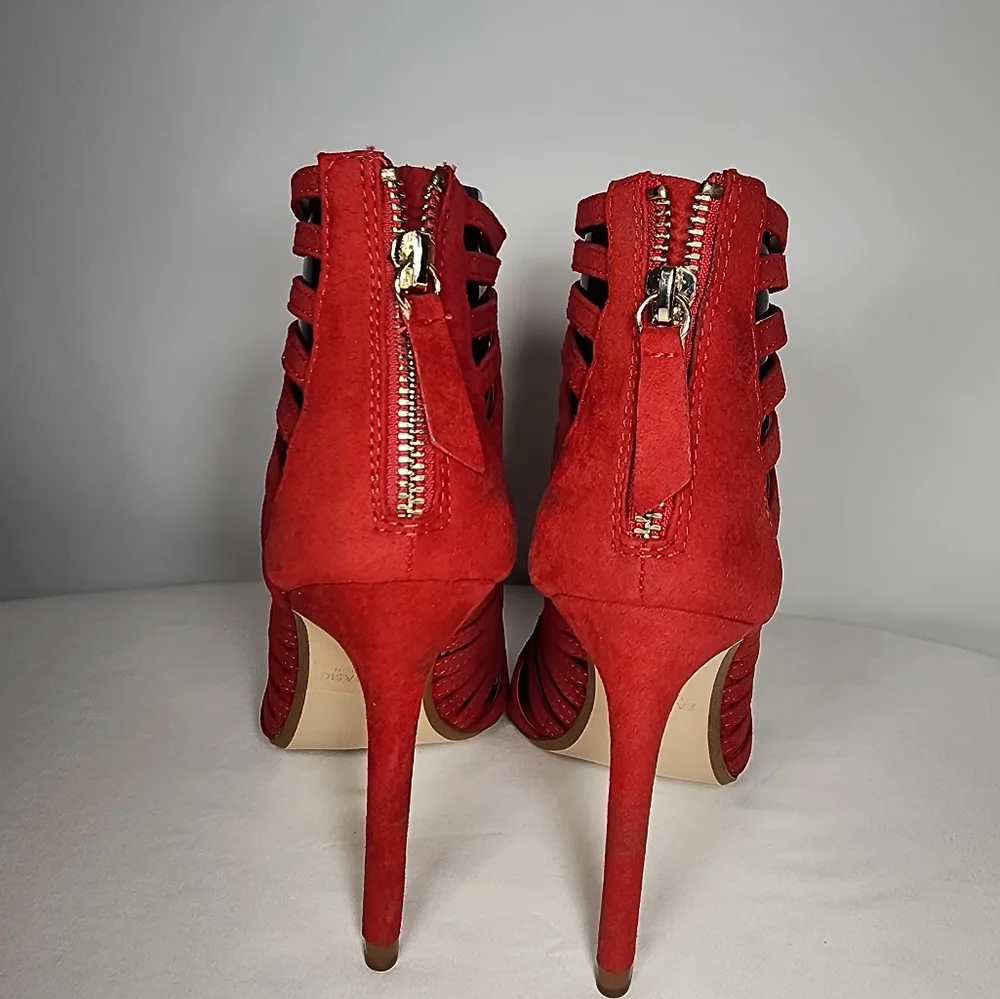 Zara Bright Red Faux Suede Strappy Caged Open Toe 4” Stiletto Heels Size‎ 36